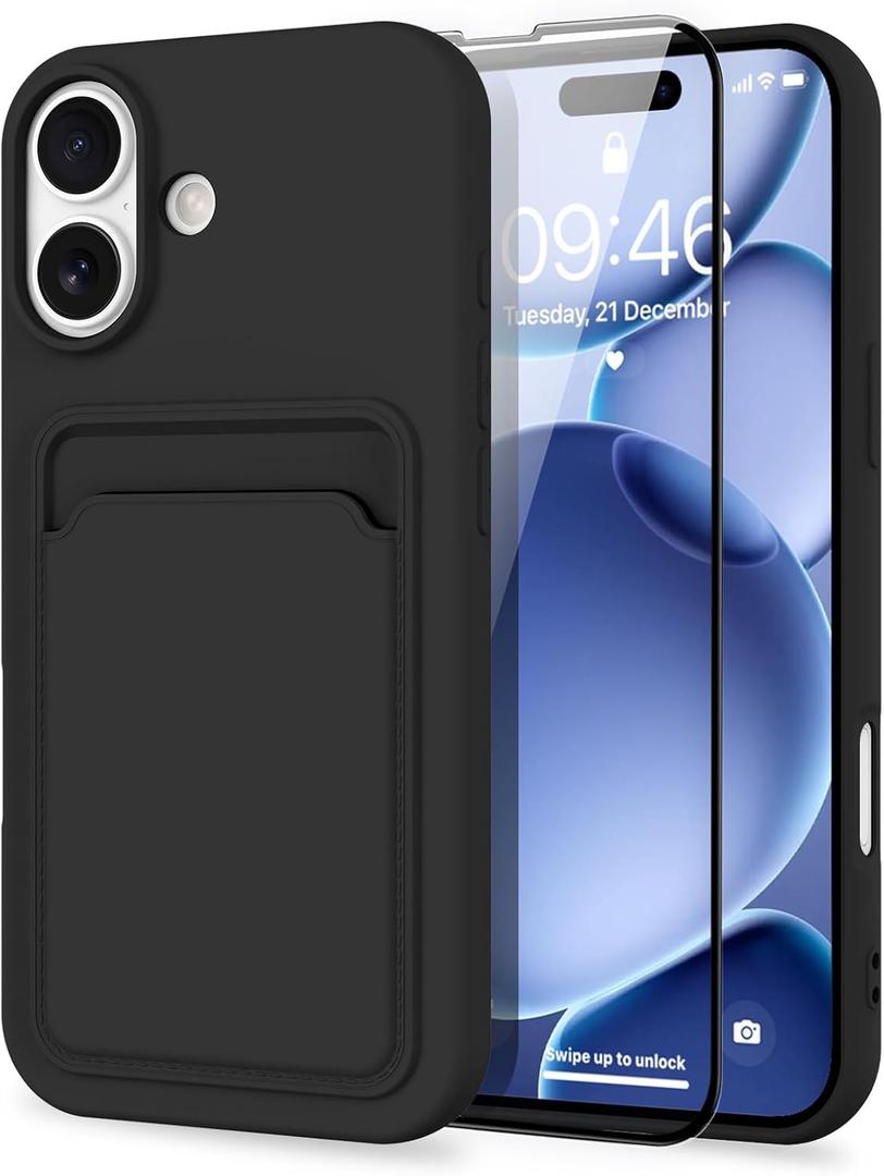 MZELQ Compatible with iPhone 17 Case 2025 TPU Card Holder Wallet,Camera Protection + Screen Protector Soft Card Slot Phone Cover for Girls Women -Black