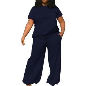 TOPSRANI Womens Plus Size Casual Sweatsuits Lounge Short Sleeve Tracksuit 2 Piece Outfits Baggy Wide Leg Long Pants Sets (Blue, XXXL)