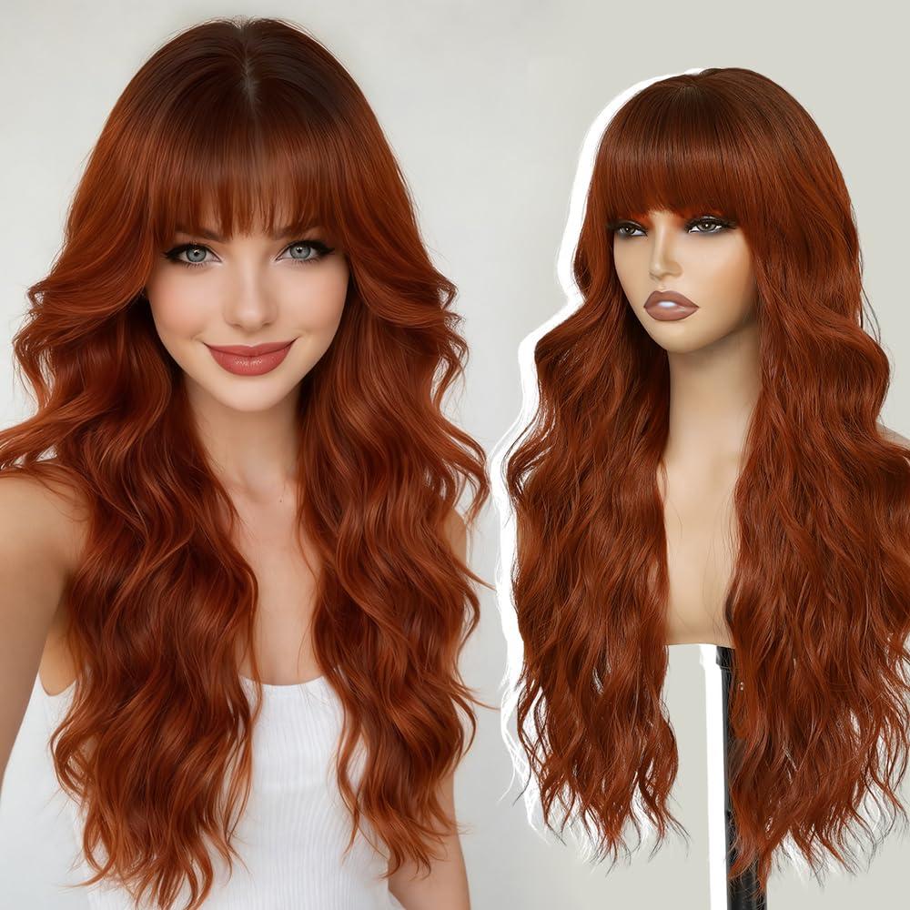 Long Ginger Wigs with Bangs 26Inch Wavy Curly Hair for Women Tangle Free Soft Natural Looking Wig for Daily Party Use
