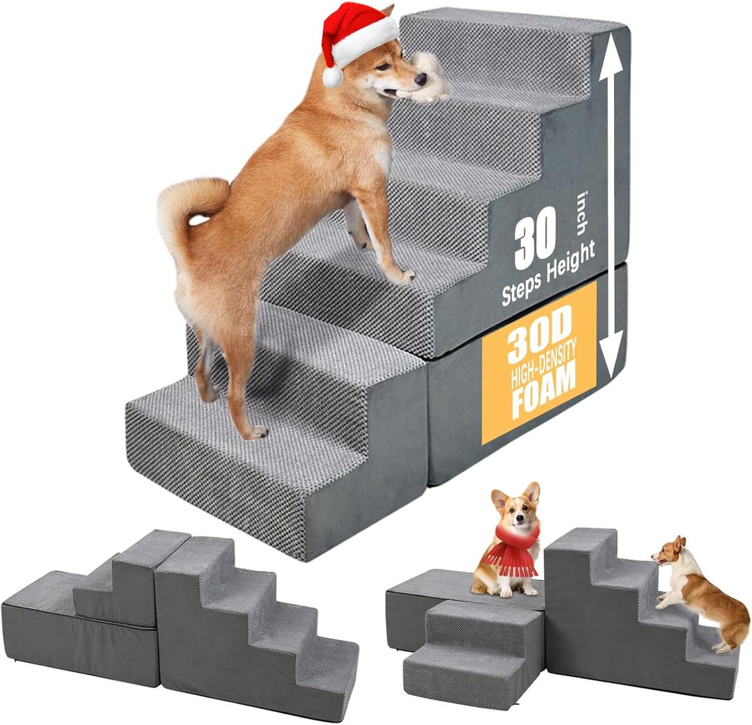 30" Dog Stairs&Steps for Small Dogs for High Beds 6-Step Pet Ramp Up to 30-36" High for Small Dogs & Cats, Grey No Assembly Required