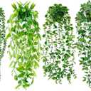 Palonu 4 Pack Faux Artificial Hanging Plants, Fake Potted Greenery with Eucalyptus Vine, Mandala, Pea Pod Leaves & String of Pearls in Pots for Office, Living Room, Bathroom, Indoor & Outdoor Dcor