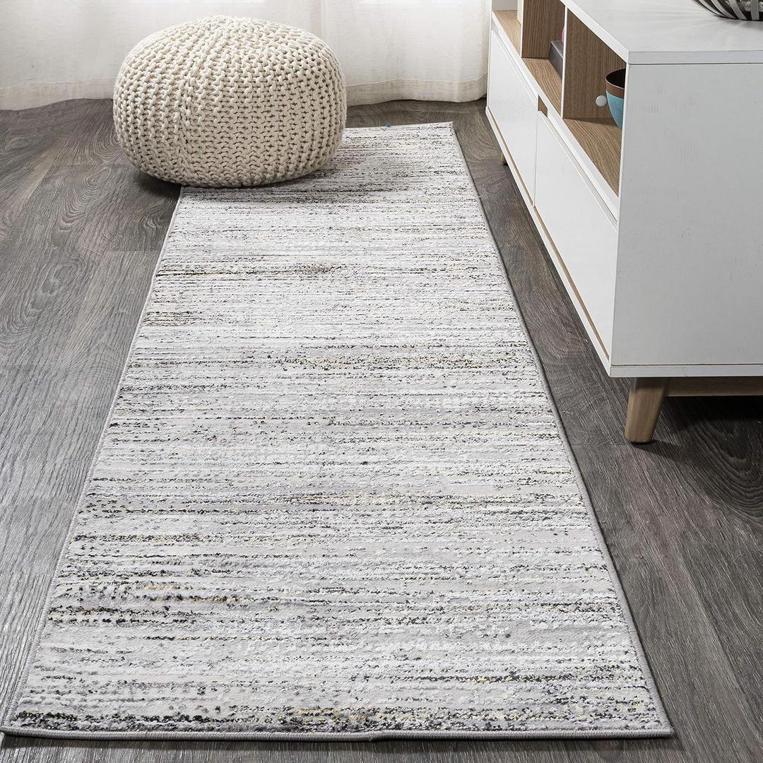 JONATHAN Y SOR200A-28 Loom Modern Strie' Indoor Runner Rug, Solid & Striped, Transitional, Transitional Easy-Cleaning,Bedroom,Kitchen,Living Room,Non Shedding, Gray/Black, 2 X 8