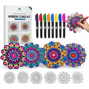 Hula Home Stained Glass Mandala Art Kit - DIY Window Clings with Markers, 10 Suncatchers - Perfect Hobby for Adults, Kids, Teens & Seniors - Ideal Gift for Beginners, Women & Elderly