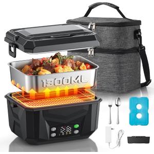 100W Heated Lunch Box for Adults, 5.5 Cups Food Grade Stainless, Automatic Scheduled Heating, Portable Food Warmer for Truckers, Construction, Work with Insulated Bag, Black