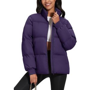 MAGCOMSEN Women's Winter Down Puffer Jackets Stand Collar Zip Up Water Resistant Warm Padded Quilted Coat with Pockets (Purple, S)