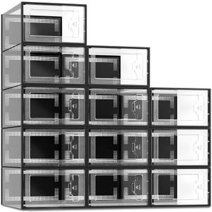 SEE SPRING X-Large Black Modern Plastic Shoe Box, 12 Pack, Clear Front Door, Stackable, Foldable, Ventilated, Fits US Size 11, 13.2''L9.1''W7.3''H Inch, 655.65 Cubic Inches, Already Assembled