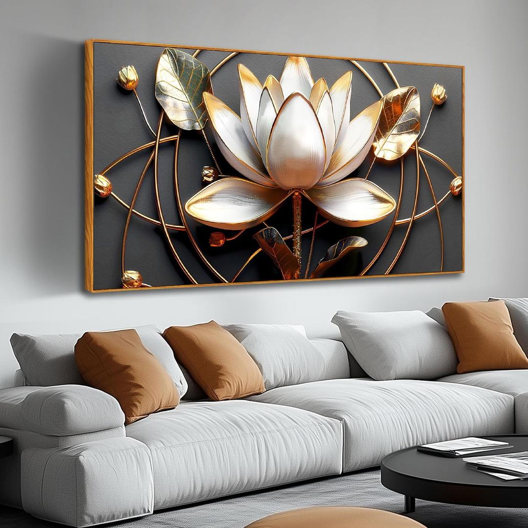 Lotus Flower Wall Art for Living Room, Floral Canvas Wall Decor for Bedroom, Black White and Gold Picture Print, Large Size 59 x 29 Inches Framed (59L" x 29W", LOTUS-10[F])
