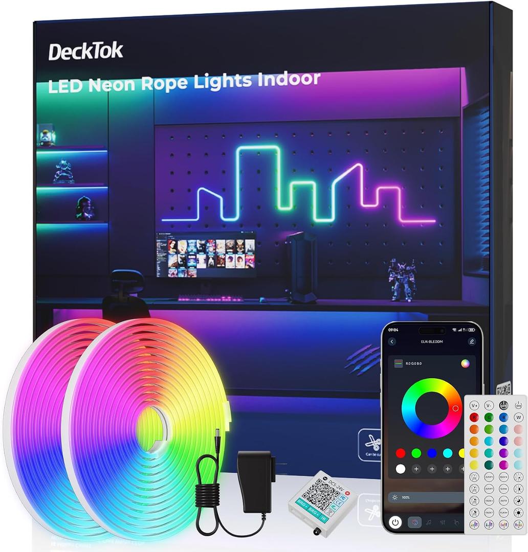 DeckTok Neon Rope Lights Led 65FT - Flexible Led Strip Control with App/Remote Rope Lights Multiple Modes RGB IP65 Waterproof Outdoor Neon Music Sync Gaming Strip for Home Wall Decor Indoor/Outdoor