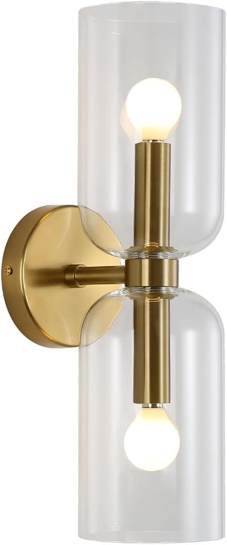 Minimalist 2-Light Gold Wall Sconces with Cylinder Glass Shades- Mid Century Vanity Wall Double Lights Hardwired- Modern Indoor Glass Wall Mounted Art Decor Lights, Clear, 1 Pack 