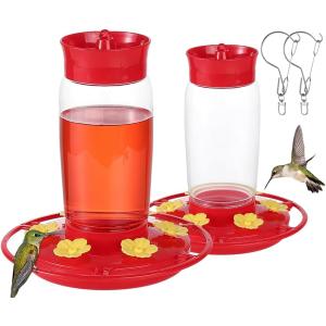 Plastic Hummingbird Feeders for Outdoors 2 Pack - 20oz Leak Proof, 6 Bee-Proof Ports with Ant Moat, Wide Mouth Easy Clean, Stainless Steel Locking Clasp for Backyard, Garden & Deck Use