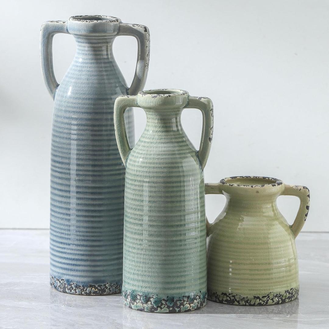Ceramic Vase Set of 3 with Handles - Farmhouse Vase Set for Modern Decoration, Rustic Crackle Round Vases for Home Decor, Dining Table, Living Room, Kitchen, Office, Shelf - Multicolor (105)
