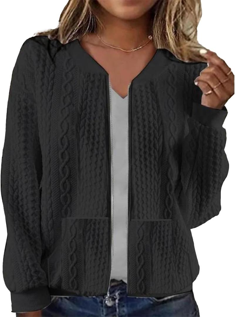 Womens Full Zip Up Cardigan Sweater Casual Solid Long Sleeve Sweatshirt Coat with Pocket (Small, Black)