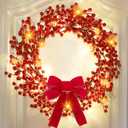 Timer & 8 Modes Prelit Lighted Valentines Christmas Wreaths for Front Door, 20 Warm White Lights with Bowknot Artificial Red Berry Christmas Wreath Battery Operated Small Wreath Home Holiday 18 Inch