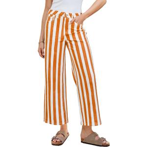 GRAPENT Women Jeans Striped Wide Leg High Waisted Trendy Stretchy Denim Pants Cute Casual Trouser Jeans with Pockets (Orange, XL)