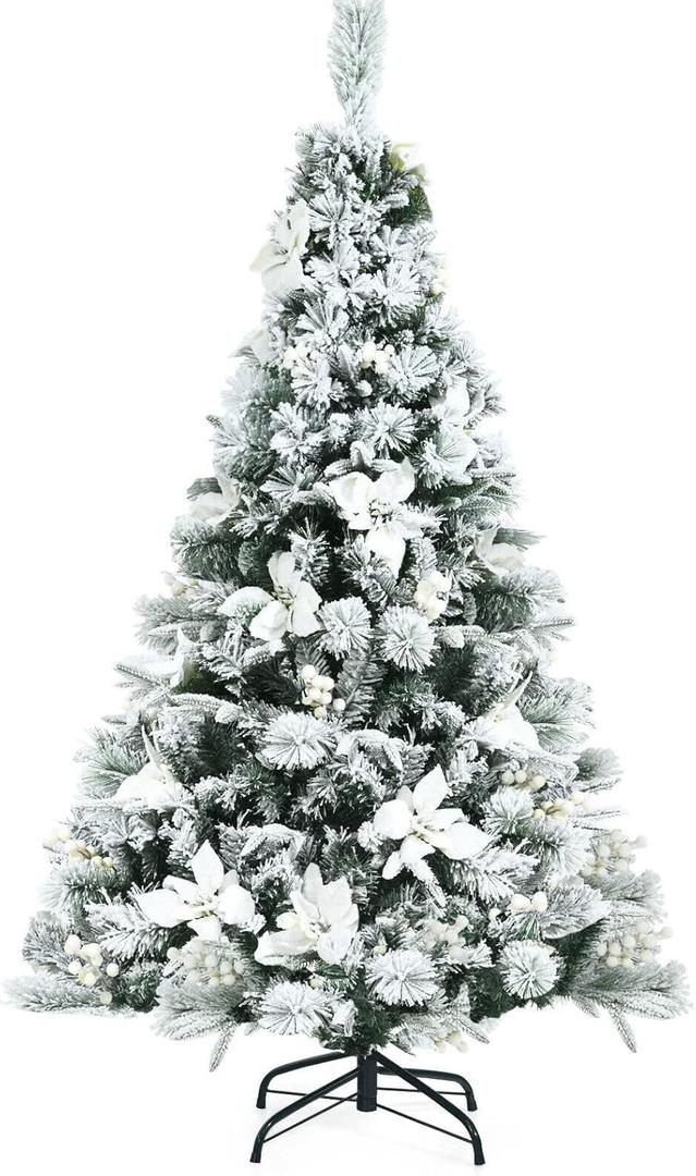 5ft Snow Flocked Hinged Christmas Tree w/Berries & Poinsettia Flowers CM23504