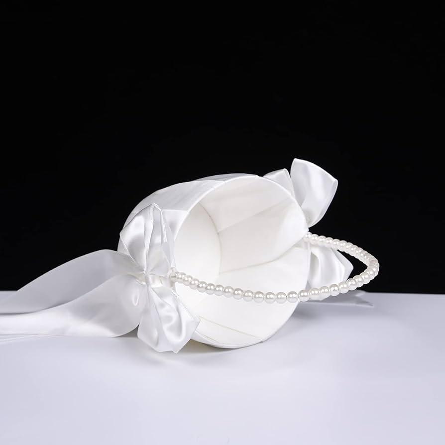 Flower Girl Basket for Wedding,Ivory Flower Girl Baskets,Pearl Handle Small Bow Flower Basket,for Weddings,Parties and Home Decor