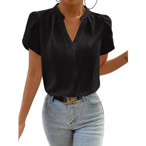 Women's Tops Dressy Casual V Neck Short Sleeve Shirts Summer Chiffon Work Blouse Business Clothes (Black, XXL)