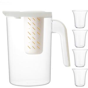 Plastic Pitcher With Lid and 4 Cups, 62oz, Clear Water Pitcher with Lid, Fridge Jug, BPA Free, Great for Iced Tea, Sangria, Lemonade, Juice, Milk, and More