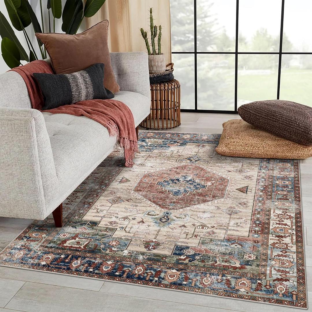 Vivorug 4x6 Rug, Small Area Rug for Living Room, Bedroom, Kitchen, Machine Washable Non-Slip Throw Rug, Vintage Carpet for Entryway Nursery Coffee Table - Durable (Brown) (Brick Red/ Navy)