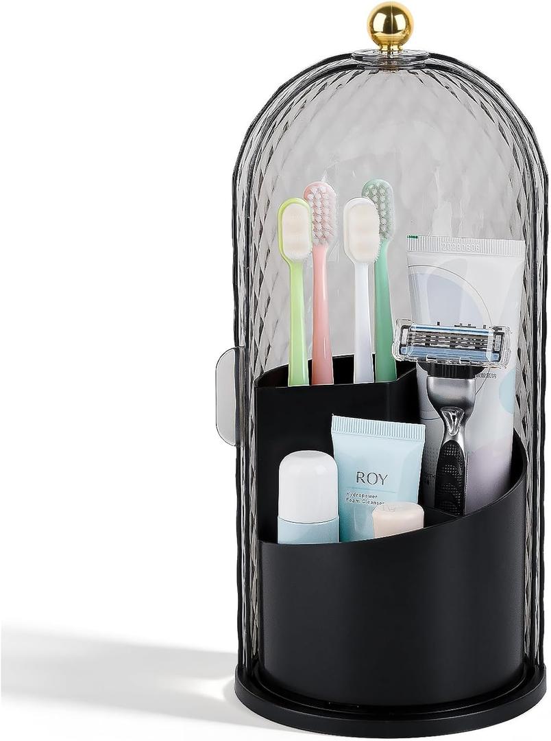 Toothbrush Holder with Cover for Bathroom Countertop, Rotating Organizer for Electric Tooth Brush and Toothpaste, 3-Slot Makeup Brush Storage, Self-Draining Vanity Counter Organizer, Black