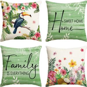 AVOIN colorlife Summer Home Sweet Home Floral Toutan Plumeria Throw Pillow Covers, 18 x 18 Inch Family is Everything Green Holiday Seasonal Cushion Case Decorations Set of 4