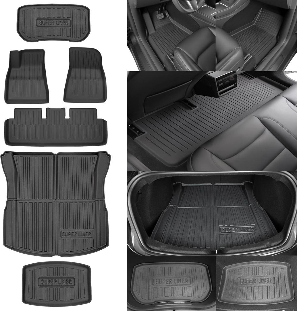 SUPER LINER Tesla Model 3 Floor Mats 2024 2025 All-Weather Floor Mats Set (6 Pieces) | Custom Fit, Pet & Child-Friendly | Model 3 Highland Cargo Liner Rear Cargo Tray Trunk Interior Accessories (For Model 3 Highland 2024 2025*6pcs)