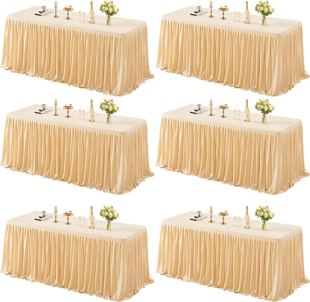 6 Pack Dark Champagne Tablecloths for Rectangle Tables 8ft, Wrinkle Resistant Champagne Table Cover Fitted Stretch Table Cloth with Pleated Ruffle Skirts for Party Banquet Dining Birthday Wedding, 96" x 30"