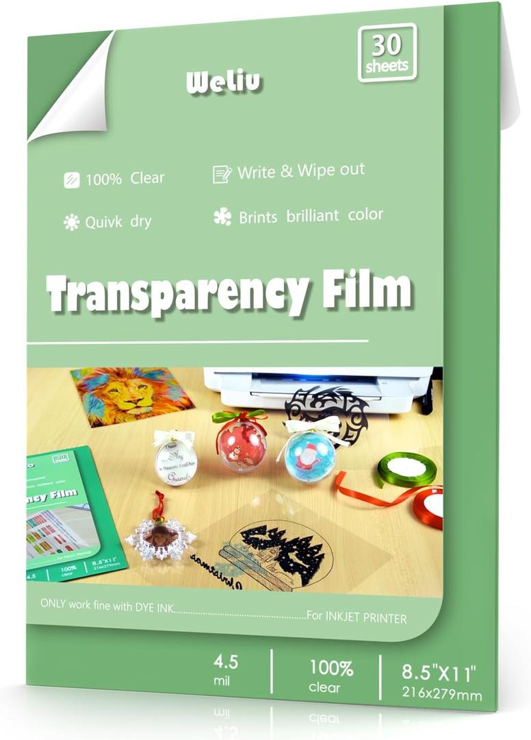 Transparency Film Sheets for Inkjet Printers 30 Sheets, 100% Clear Paper Acetate Sheets for Overhead Projector 8.5 X 11 Inches