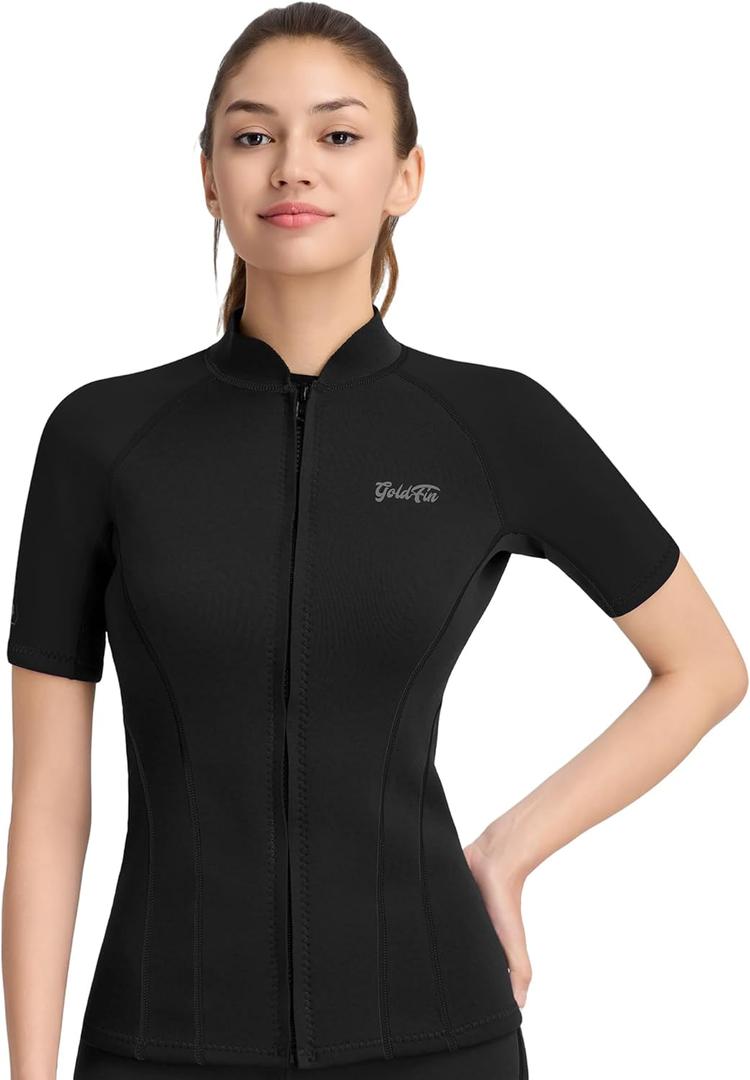 GoldFin Women Wetsuit Top, Womens Short Sleeve Wet Suit Jacket Neoprene Front Zip 2mm Swim Jackets Scuba Swimming Diving Snorkeling Water Aerobics (Medium, Black)