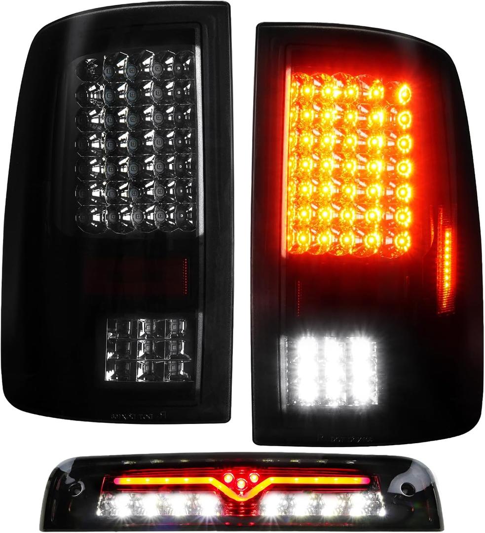 (3 Pack)LED Taillight Assembly 3rd Brake Light for 2009-2018 Dodge Ram 1500 2010-2018 Ram 2500 3500 Chrome Smoke Lens Only Fit factory Halogen/incandescent Model and Without Projector Headlights Model