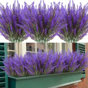 Artificial Lavender Flowers 12 Bundles Outdoor UV Resistant Fake Flowers No Fade Faux Plastic Plants Garden Porch Window Box Decorating (Purple)