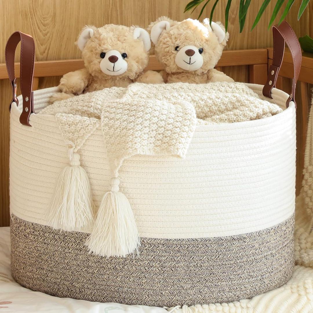 KAKAMAY Large Blanket Basket (20"x13"),Woven Baskets for storage Baby Laundry Hamper,Cotton Rope Blanket Basket for Living Room, Laundry, Nursery, Pillows, Baby Toy chest (White/Beige) (Cream and Beige)