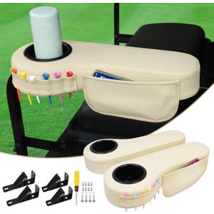 No Drilling Golf Cart Armrest with Cup Holder Phone Bag Golf Tree Holder for Rear Seat, Triangle Support Frame Fits 1" Side Square Tube EZGO Club Car DS Precedent Yamaha Golf Carts Arm Rest (Upgrade Triangle Bracket Beige)