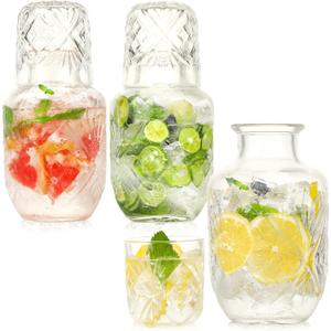 3 Set Bedside Water Carafe and Glass Set 18 OZ Vintage Glass Water Pitcher with 5 OZ Cup Set Clear Glass Water Pitcher for Bedroom,Bar,Bathroom,Hotel,Restaurant,Juice,Mouthwash Container,Style-1