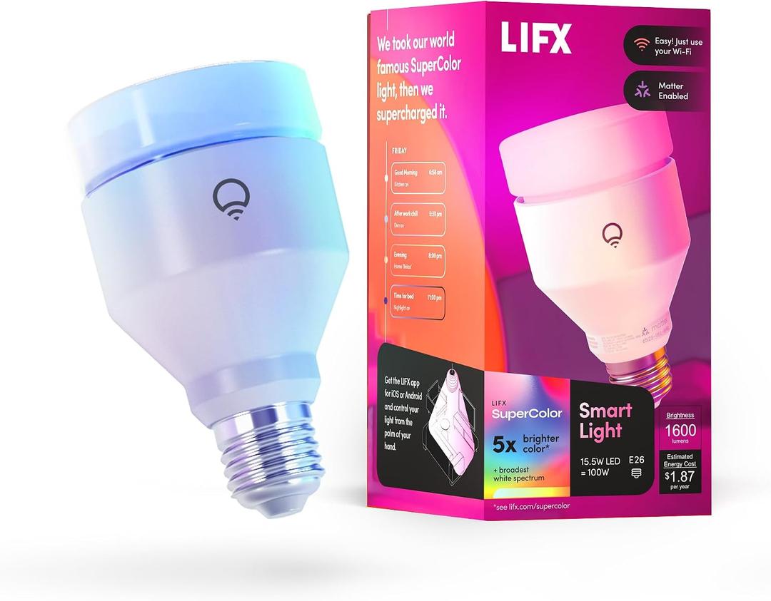 LIFX Supercolor A21 Smart Light Bulb, 1600 Lumens 100W Equivalent, Color Changing RGB + Tunable White, Dimmable E26, Matter Compatible, Works with Apple HomeKit, Alexa & Google Home, No Hub Required