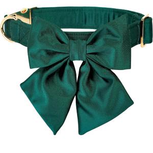 Lionet Paws Bowtie Dog Collar - Comfortable Silk Dog Collar with Detachable Bow Tie for Medium Dogs, Neck 13.5-22 Inches (Black Green)