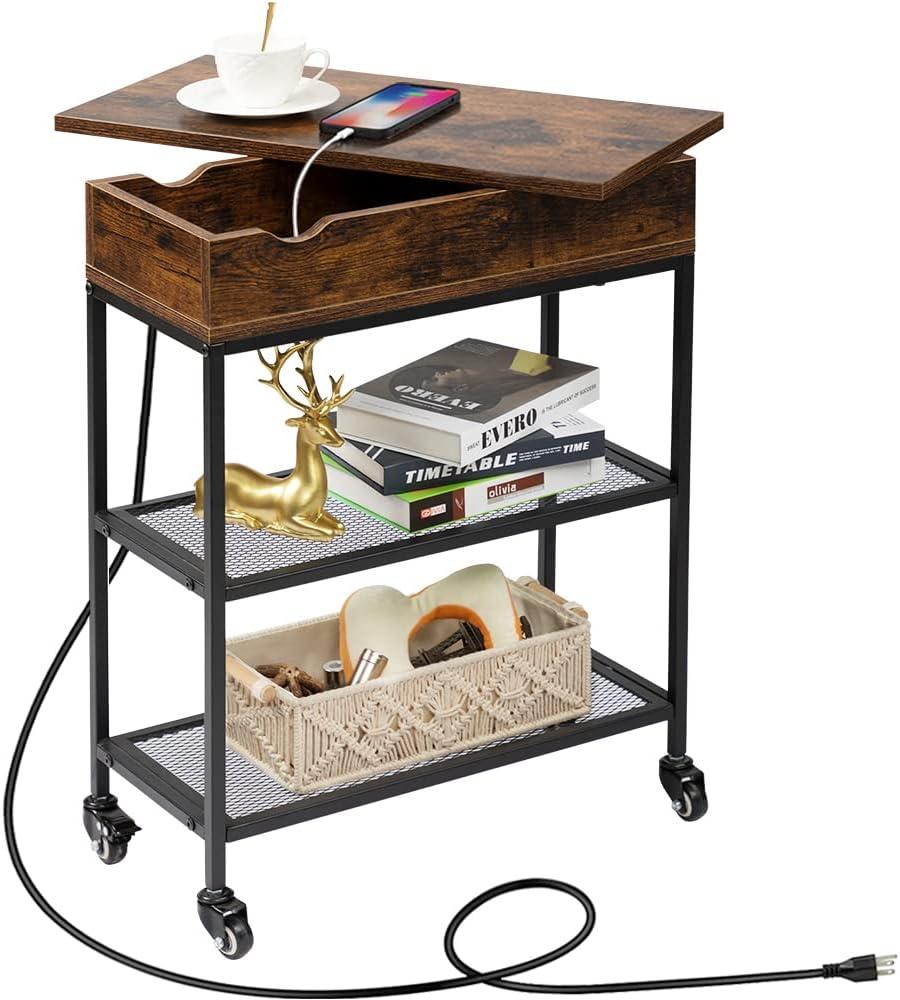 Hadulcet Narrow End Table with Charging Station & Rotating Top, Couch Snack Tables, Swivel Table for Recliner Living Room & Bedroom, Rolling Slim Side Table on Wheels, Skinny Nightstand, Rustic Brown