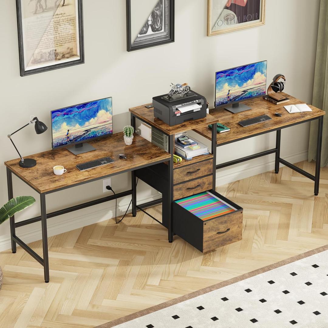 GYIIYUO 93'' Two Person Desk with Charging Station, Long Desk with 3 Fabric Drawers and Printer Shelf, Double Computer Desk, 2 Person Writing Study Table Workstation for Home Office, Rustic Brown