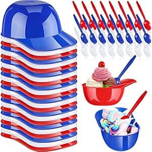 24 Count Summer Baseball Helmet Snack Ice Cream Bowl 24 Pcs Disposable Taster Spoons 8 oz Mini Sundae Bowls Dessert Plastic Spoons for Party Supplies(Red, Blue, White)