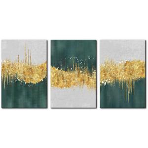 Pacimo Canvas Art Wall Decor Geometric Gold Green Pictures Strokes Abstract Shapes Illustrations Painting Prints on Canvas 3 Pieces Modern Artwork Stretched and Framed Ready to Hang - 16"x24"x3 Panels