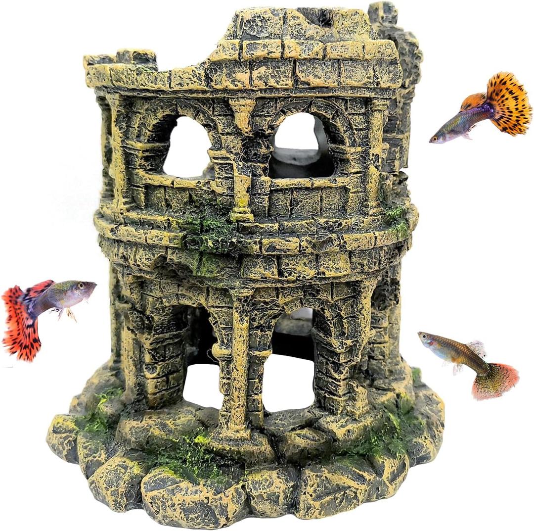Hamiledyi Aquarium Antique Roman Column Ruins European Castle Stone Cave Decorations Fish Tank Artificial Resin Ornaments Large Landscaping for Betta Hide Play
