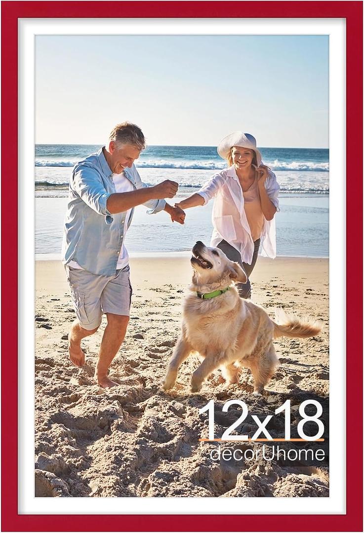 DecorUhome 12x18 Picture Frame, Display Pictures 11x17 with Mat or 12x18 without Mat, Wall Mounting Photo Frame, Red, 1 Pack