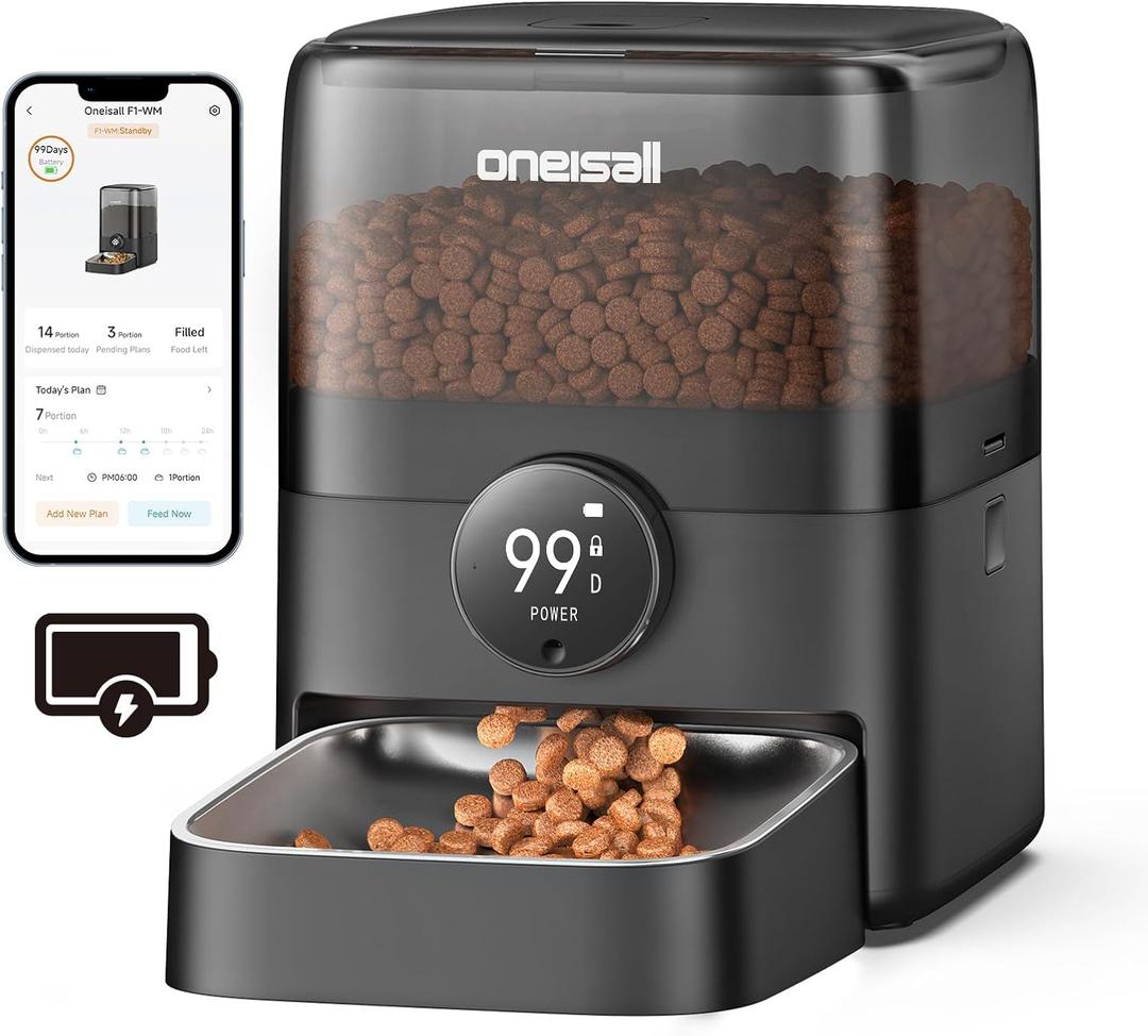 oneisall Automatic Cat Feeder, WiFi Rechargeable 100-Day Battery Operated Pet Feeder, 12 Cups/3L Dry Food Dispenser for Large Kibble, Smart App Control (Black)