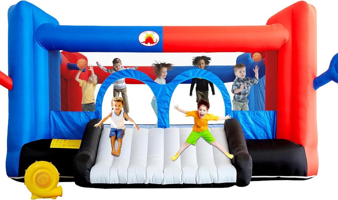 Inflatable Bounce House with Slide, 15.3ft x 14.7ft, Jumping Castle with Blower, Dartboard, Dual Basketball Hoop, Dual Kicking Boards, Jumping Area for 6 Kids