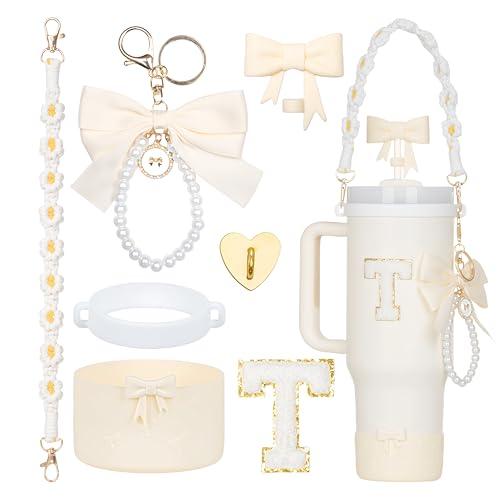 Rabrgab 7Pcs White Stanley Cup Accessories for 40Oz 30Oz 20Oz, Women Teen Girls Gifts, Stanley Tumbler Cup Decoration with Straw Topper, Bow Charm, Silicone Boot, Handle Strap, Letter Sticker T