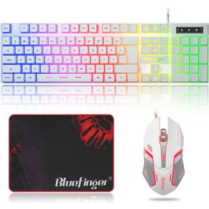 BlueFinger RGB Gaming Keyboard and Backlit Mouse Combo, USB Wired, LED Gaming Set for Laptop PC Computer Game and Work(White)