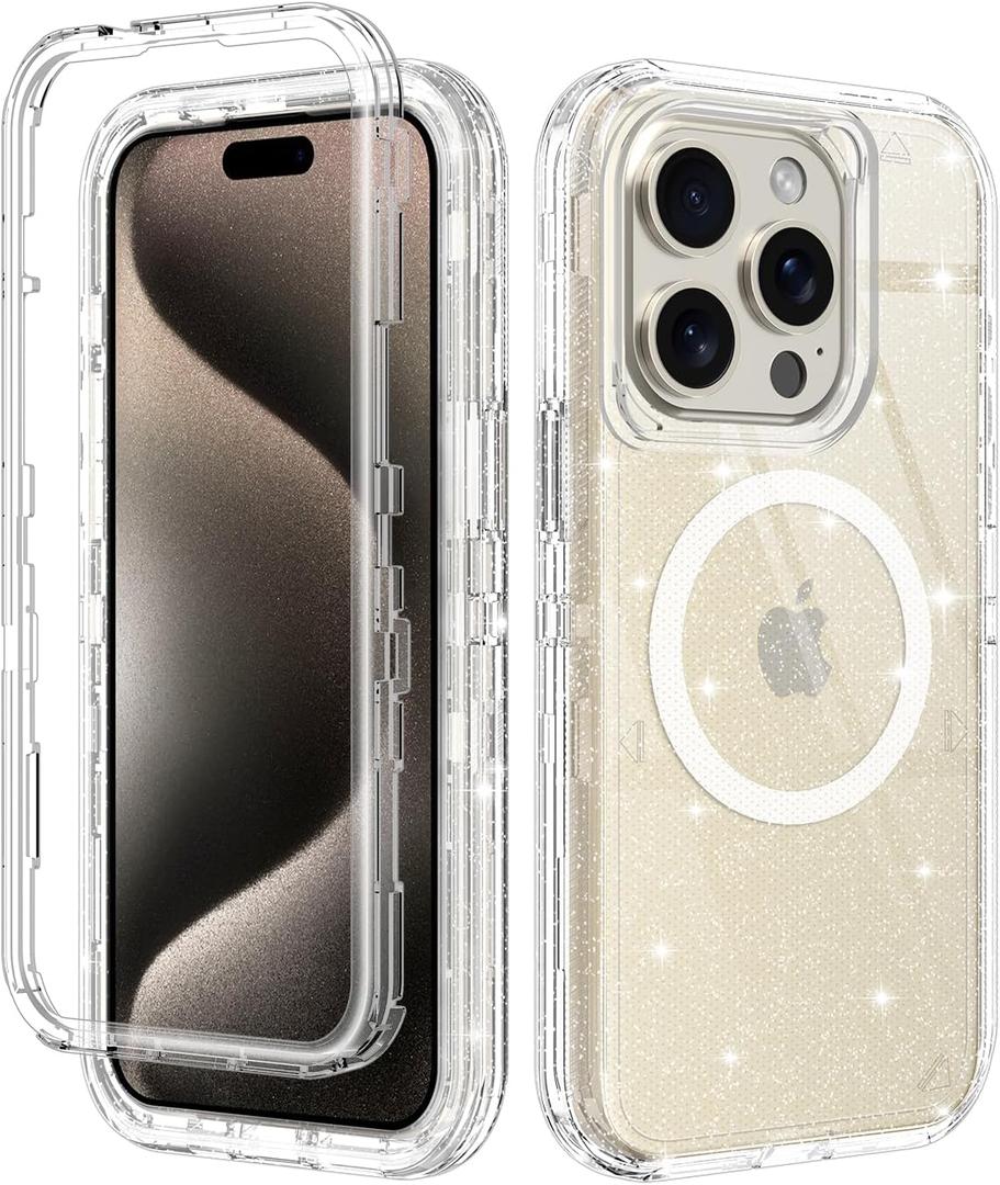 I-HONVA for iPhone 15 Pro Max Case Clear [Non Yellowing] [Compatible with MagSafe] Shockproof 3-Layer Full Body Protection Rugged Heavy Duty Cover Case for Apple iPhone 15 Pro Max 6.7",Clear Glitter
