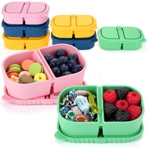 VZZNN 8 Pack Reusable Silicone Snack Containers with Lids - 2 Compartments Bento Snack Box (4 Colors) for School, Office and Picnic Ideal Portable Small Food Storage Box