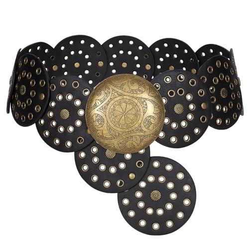 LEACOOLKEY Women Western Leather Belt Boho Disc Conch Waist Belt for Dress Jeans