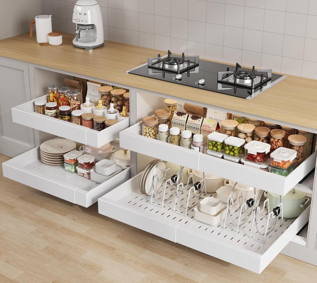 Seinloes 4 Pack Pull out Cabinet Organizer 21" Deep With Raising Pad for Framed Cabinets,Expandable (15.2"-26.3"W) Slide out Drawers for Kitchen Cabinets with 4pcs Divider Racks,Roll out Shelves,White